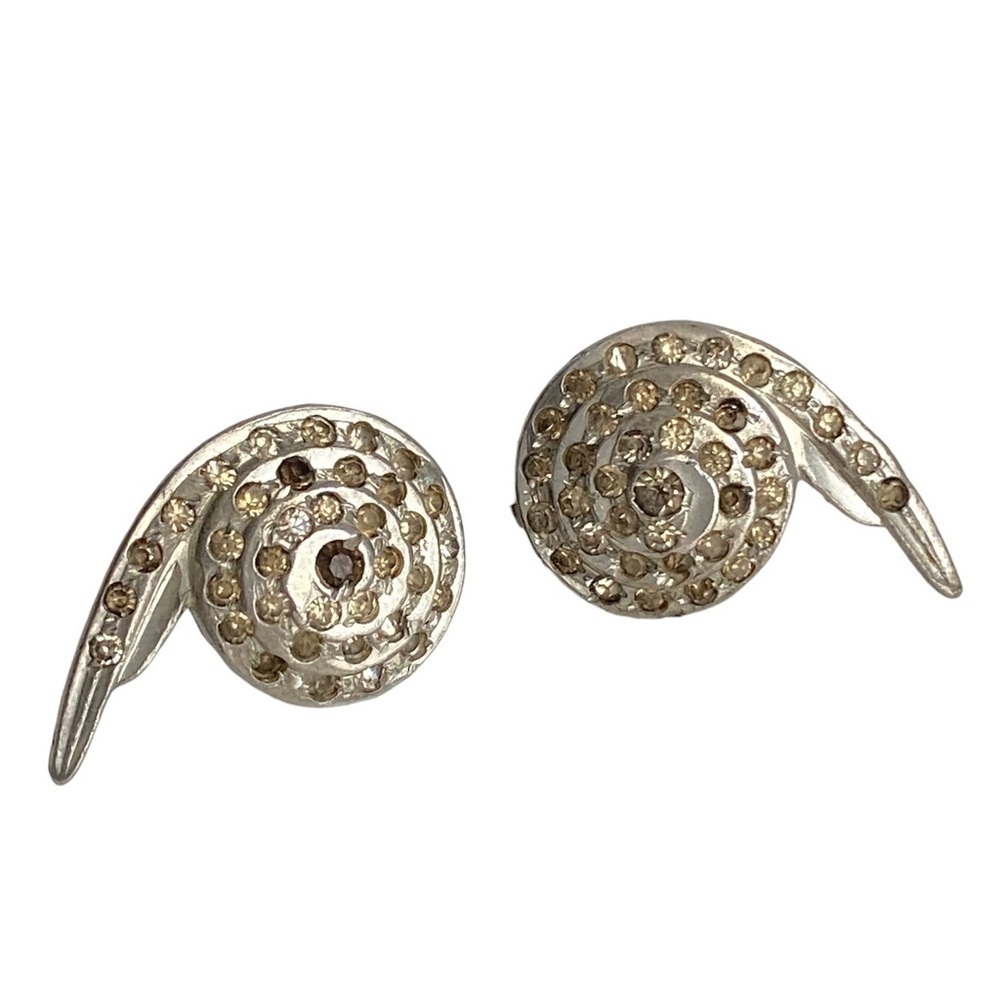 Vintage‎ Art Deco Rhinestone Silver Earrings Swirl Clip On 40s 50s Retro